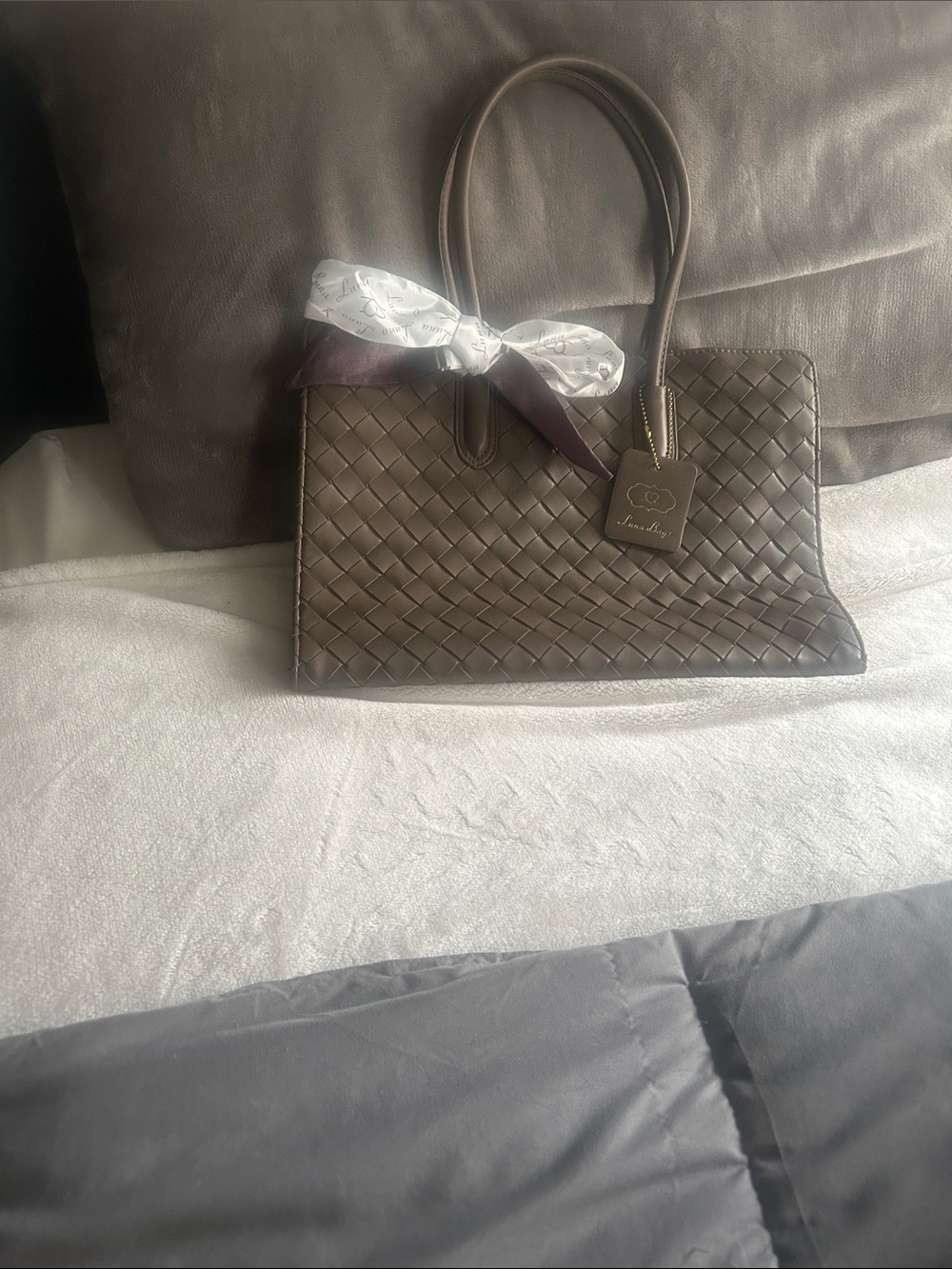Woven Leather Tote in Taupe with Silk Scarf Accent